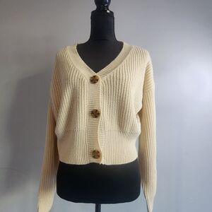 Freshman Cream V-Neck Button Front Cropped Cardigan